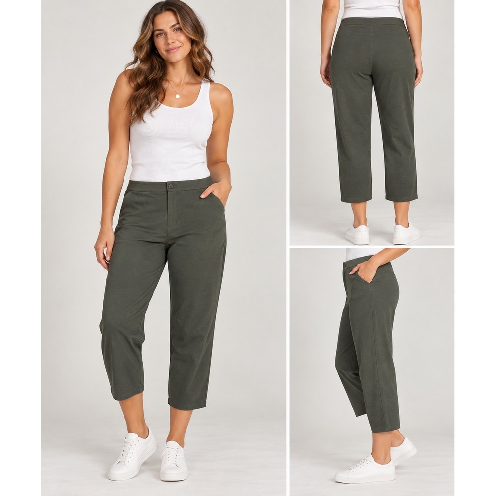 Eileen Fisher Pants Women XL Olive Green Cropped Organic Cotton Stretch Pockets